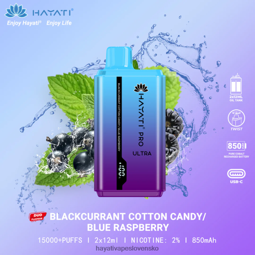 Hayati Pro Ultra jednorazové 15 000 vstrekov - 042ZXR216 Hayati Vape Near Me cukrová vata z čiernej ríbezle/modrá malina