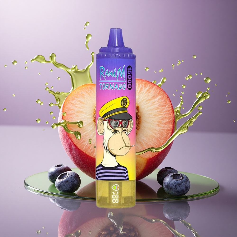 RandM Fumot Tornado 15000 Puffs Broskyňový Čučoriedkový Cukrík s 25ml Tekutinou a 850mAh Batériou
