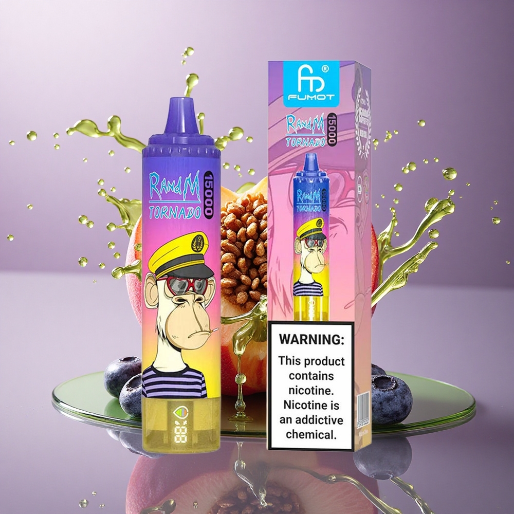 RandM Fumot Tornado 15000 Puffs Broskyňový Čučoriedkový Cukrík s 25ml Tekutinou a 850mAh Batériou