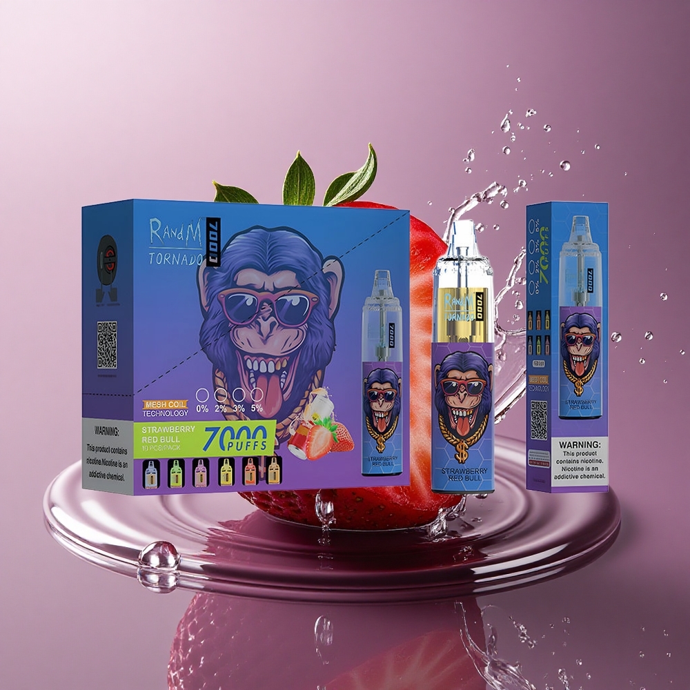RandM Fumot Tornado 7000 Puffs Jahodový Red Bull s 850 mAh a nastaviteľným vzduchom
