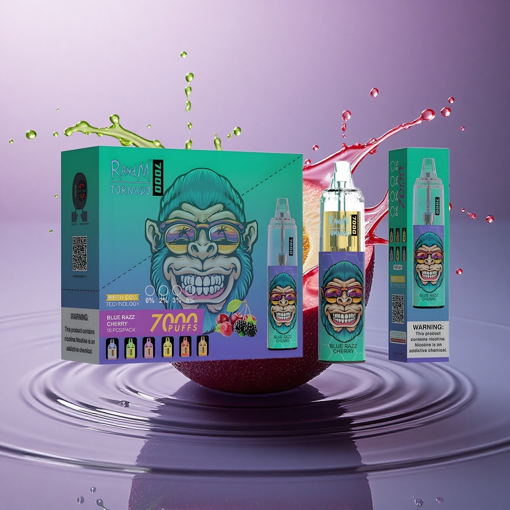 RandM Fumot Tornado 7000 Puffs Modrý Malinový Čerešňový 5% Nikotín 850mAh Typ-C