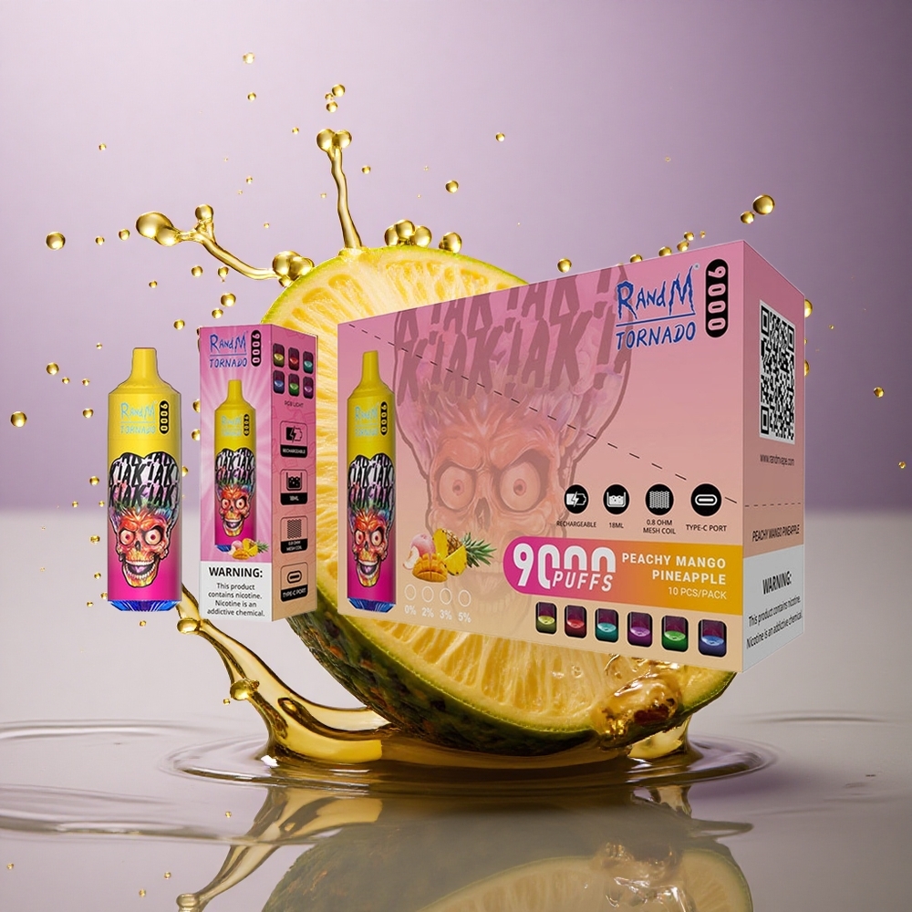 RandM Fumot Tornado 9000 Puffs Broskyňový Ananásový Mango s Mriežkovou Cievkou a 850 mAh Batériou
