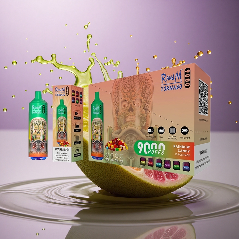 RandM Fumot Tornado 9000 Puffs Dúhové Cukríky s 18 mL Tekutiny a 850 mAh Batériou