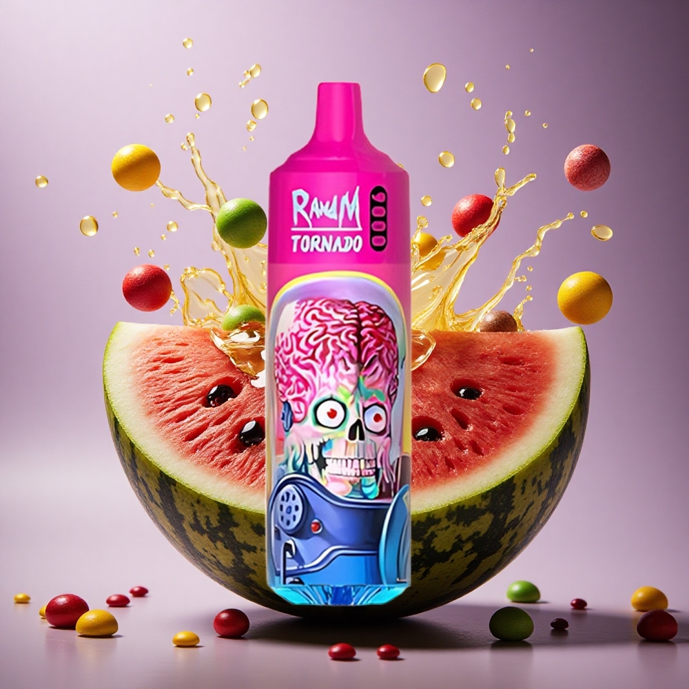 RandM Fumot Tornado 9000 Puffs Melónové Skittles s 18 mL náplňou a Mesh Coil