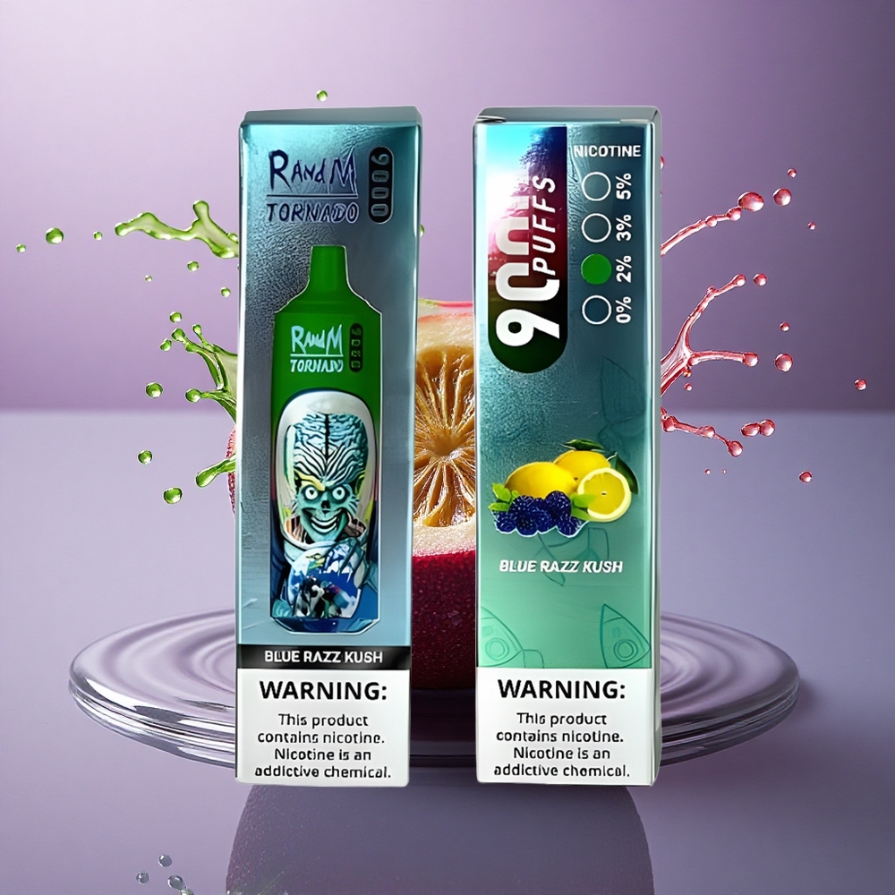 RandM Fumot Tornado 9000 Puffs Modrá Malina Kush 18 mL Mesh