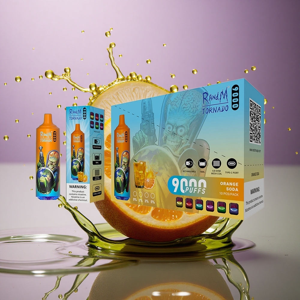 RandM Fumot Tornado 9000 Puffs Pomarančová Soda s Mriežkovou Cievkou a 850 mAh Batériou