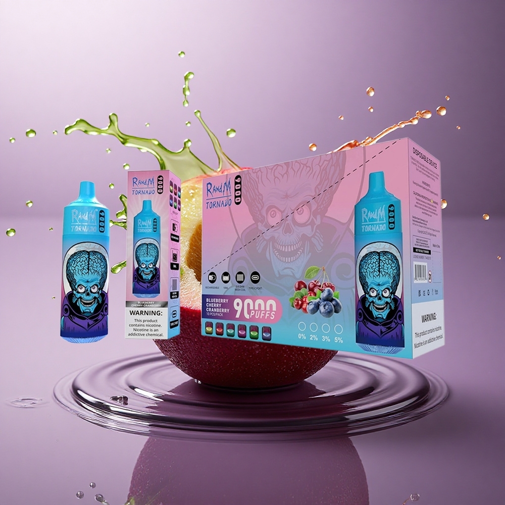 RandM Fumot Tornado 9000 Puffs Čerešňová Borievka Brusnica s 18 mL Kvapalinou a 850 mAh Bateriou