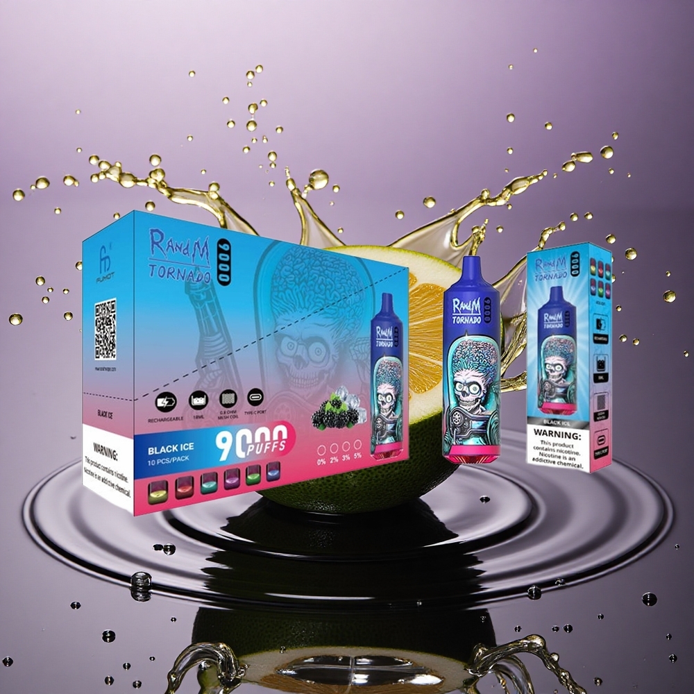 RandM Fumot Tornado 9000 Puffs Čierny ľad s 18 mL náplňou a 850 mAh batériou